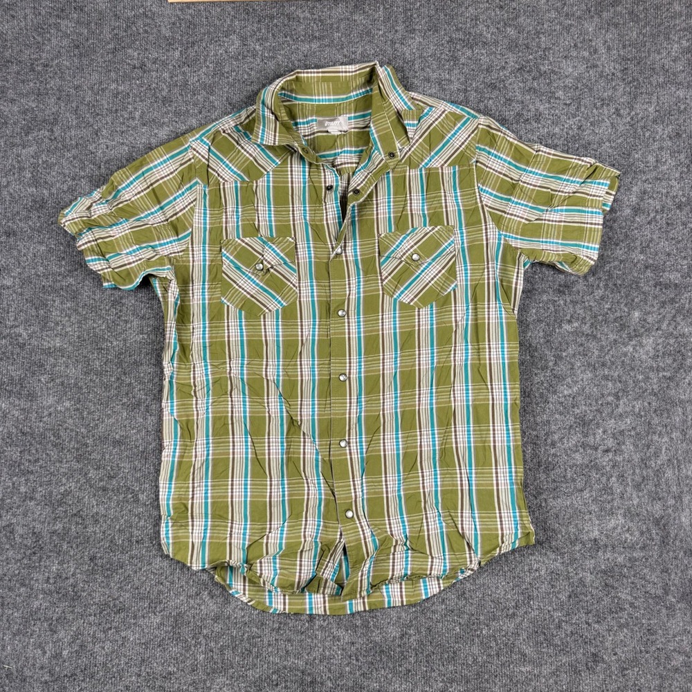 Utility Shirt Mens Size L Green Plaid Short Sleeve Snap Front Western Casual